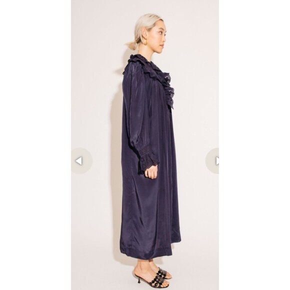 Nikki Chasin Small Sonnet Dress Ruffle Collar Cuff Eyelet Button Maxi Silky Navy - Picture 2 of 15